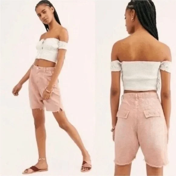 Free People Utility Harem Linen Bermuda Jean Shorts Bohemian Braided Rose Pink 2 - Picture 4 of 15